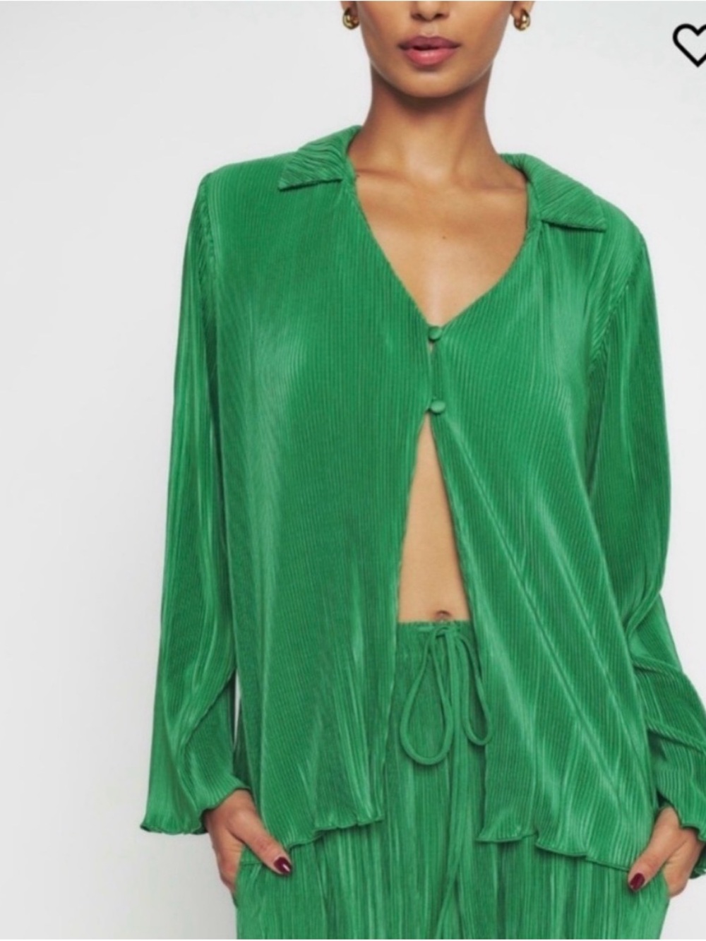 Reformation Emerald Green Pleated Button-Front Shirt